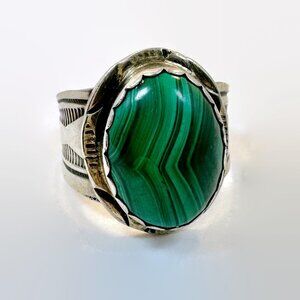 Malachite Ring, Sterling Silver, Native American, Navajo, Signed, Herbert Tsosi